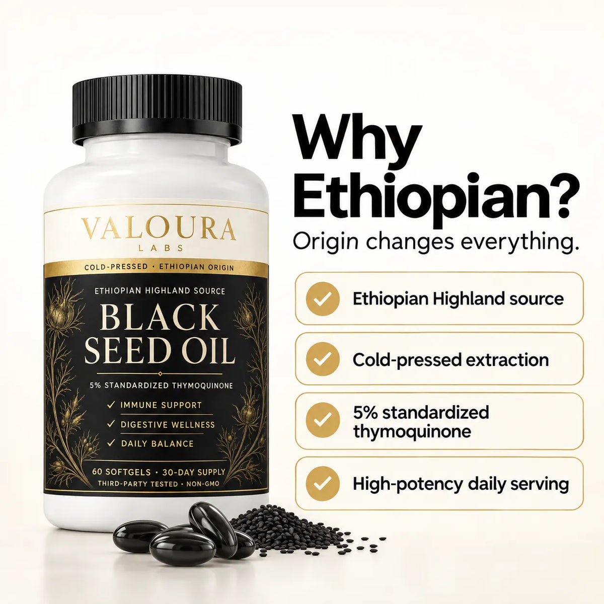 A bottle of Valoura Labs Black Seed Oil with several loose black seeds in front, set against a clean white background with promotional text highlighting its Ethiopian Highland source and benefits.