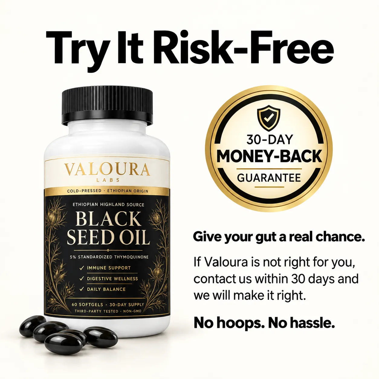 A bottle of Valoura Labs Black Seed Oil with several black seeds in front, shown on a white background with promotional text reading 'Try It Risk-Free' and a gold '30-Day Money-Back Guarantee' badge.